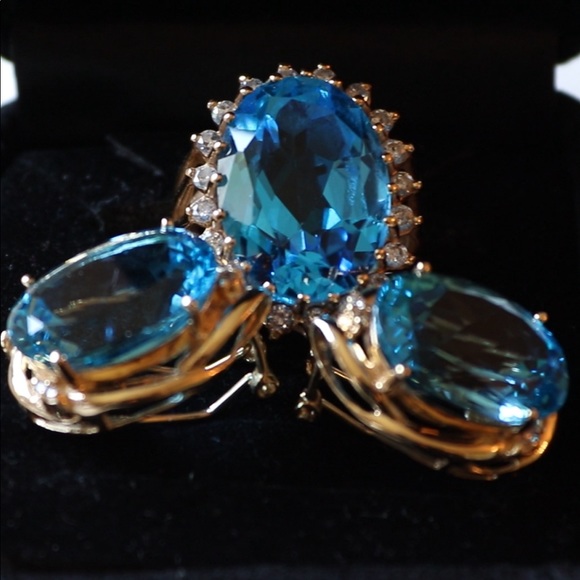 70+ct Diamond blue topaz 14k gold earrings ring